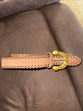 True Religion Tan Leather Whipstitch Belt with Gold-Tone Logo Buckle